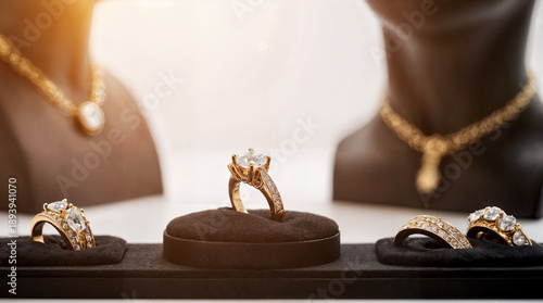 luxury jewelry store display and diamond engagement ring in center and gold band with small diamonds