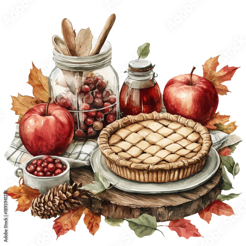 watercolor graphic of A Fall Harvest Table With Apples And Pie illustration, isolated on a white background.
