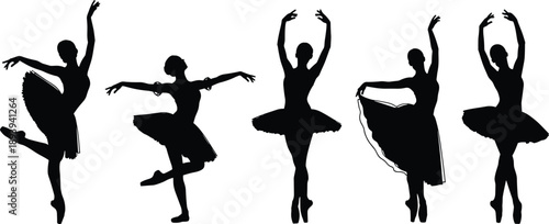 Set of five graceful ballerina silhouettes performing classical ballet poses in tutus, isolated on white background for dance studio design, posters.