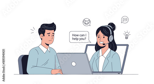 Customer service representative with headset assists a concerned man via laptop screen offering support and solutions with glowing lightbulb
