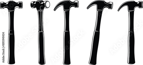 Set of five professional hammer icons including claw and ball peen styles for construction, carpentry, renovation, and home repair projects.