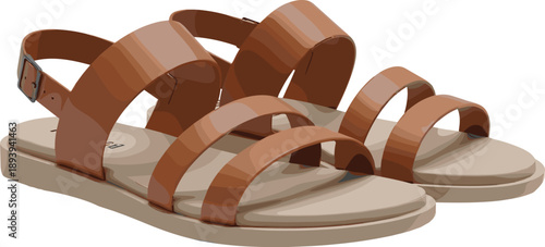 Brown sandals, strappy design, casual footwear, summer shoes, ankle strap, fashion accessory, beige sole, stylish comfort, warm weather, outdoor wear, retail display