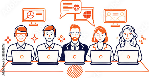 A diverse team of five people working together on laptops in a collaborative office environment isolated on transparent background, Vector