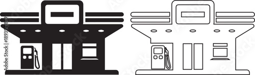 Gas station icons vector illustration with fuel pumps and buildings .eps
