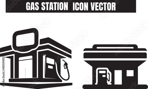 Gas station icons vector illustration with fuel pumps and buildings .eps
