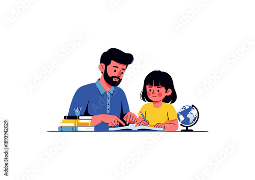 Father teaching his daughter geography at home, with a globe and books