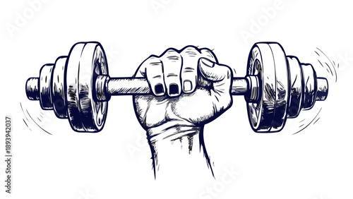 Vector hand drawn silhouette of strong hand lifting up steel dumbbell isolated on white background. Template for sport icon, symbol, logo or other branding. Modern retro illustration. vector icon