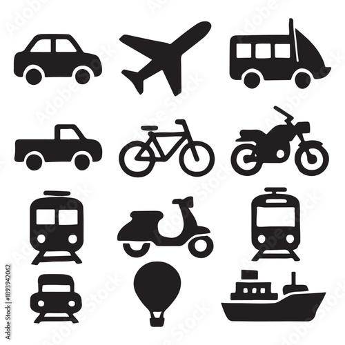 Transport icon set, vehicle icons containing car, bike, plane, train, bicycle, motorbike, bus vector silhouette 