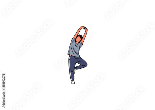 Person practicing yoga on a white background, stretching their arms above their head and bending to the side