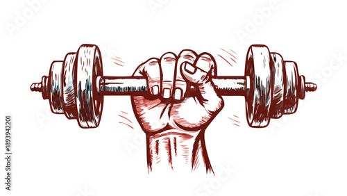 Vector hand drawn silhouette of strong hand lifting up steel dumbbell isolated on white background. Template for sport icon, symbol, logo or other branding. Modern retro illustration. vector icon