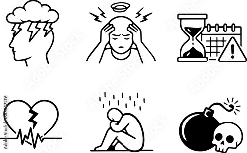 Burnout and Depression line icon set