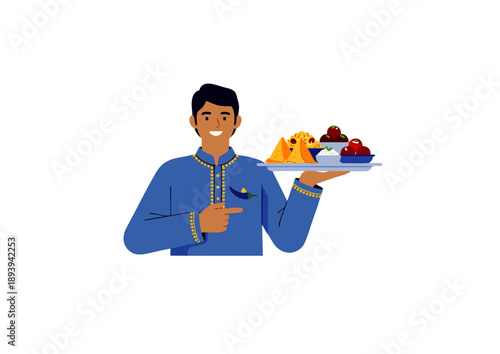 A smiling man in traditional Indian clothing serves a platter of delicious snacks and dips, ready for celebration and hospitality