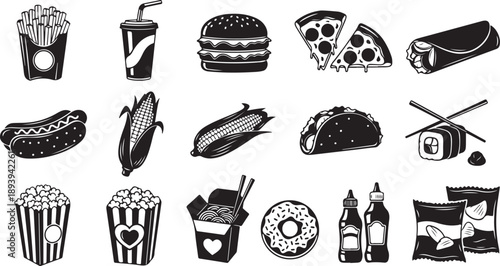 A black and white illustration displays a variety of fast food items including burgers fries pizza tacos and various snacks high-quality professional detailed modern