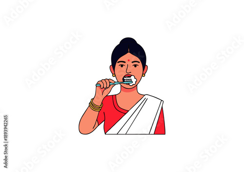 Young Indian woman brushing her teeth with a toothbrush and toothpaste, promoting oral hygiene and dental care practices