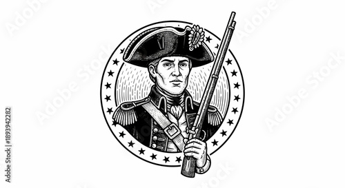 Vintage Soldier Illustration with Rifle and Hat.