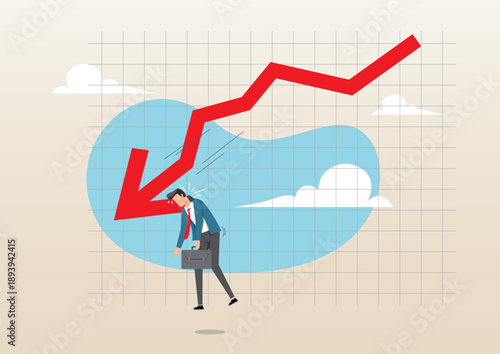 Economic Downturn and Market Crash Concept with Stressed Businessman and Falling Arrow