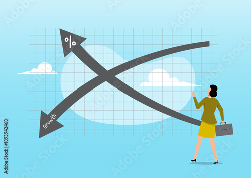 Economic Concept of Rising Interest Rates vs. Declining Business Growth with Businesswoman