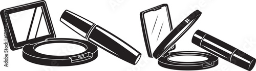 Round compact powder case with mirror and applicator brush, cosmetic makeup tool representing beauty and skincare concept eps