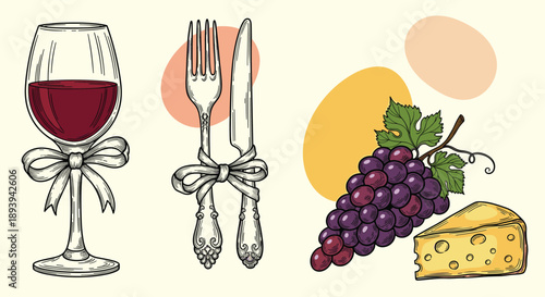 Elegant hand drawn illustration of wine and food pairing including a glass of red wine, tied cutlery, fresh grapes, and cheese.