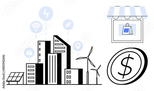 Smart cities, renewable energy, sustainability, e-commerce, financial growth, technology integration. Urban skyline with wind turbines and solar panels, storefront and dollar coin symbol. Smart