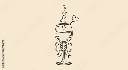 Elegant line drawing of a glass of bubbly wine decorated with a bow and a small heart on a stick, perfect for a romantic celebration.