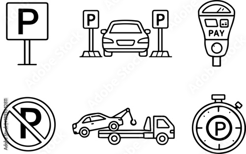 Parking System and Regulations line icon set