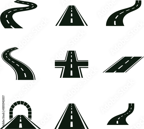 Collection of various road designs for navigation and travel
