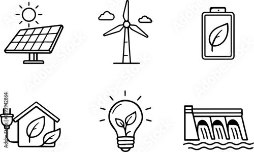 Sustainable Energy and Eco Living line icon set