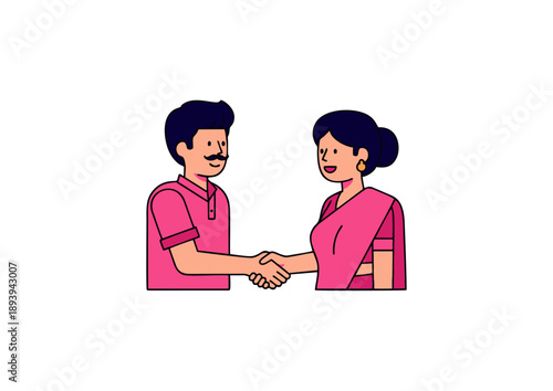 A man and a woman shaking hands in a friendly gesture, representing agreement or partnership, illustration