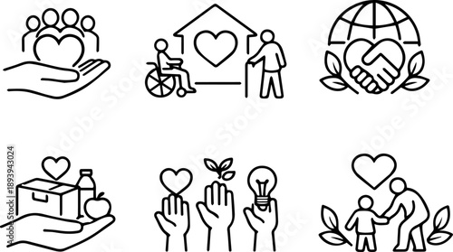 Elderly and Community Support line icon set