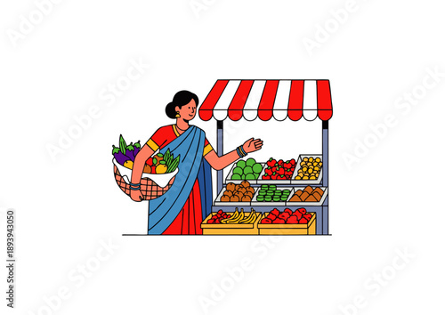 Colorful illustration of an Indian woman selling fresh fruits and vegetables at her market stall, depicting local commerce, healthy food, and traditional market scene