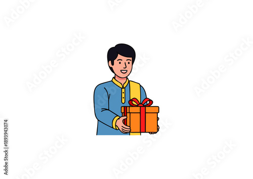 A smiling man in a blue kurta is holding a wrapped gift box tied with a red ribbon, ready to be presented