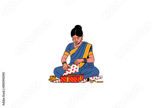 A traditionally dressed woman thoughtfully engages in the festive ritual of gift wrapping, meticulously preparing a vibrant present for a special occasion