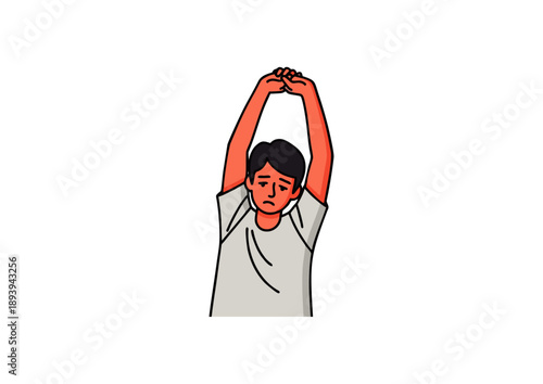 Frustrated young man with arms raised above head in despair and exhaustion, representing mental strain