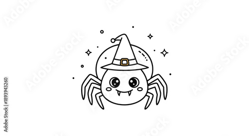 Adorable cartoon spider illustration wearing a purple witch hat surrounded by stars, ideal for cute Halloween decorations and kids cards.