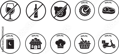Halal Food & Dining Vector Icon Set, Black EPS Silhouette Symbols for Restaurants, Apps, and Packaging

