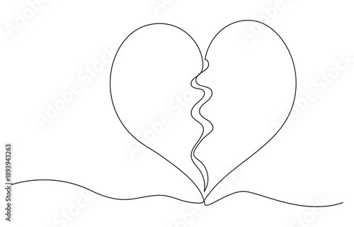 Broken Heart Continuous One Line Drawing. Heart is Broken One Line Minimal Art Drawing. Continuous line drawing. Broken heart. Black isolated on white background. 