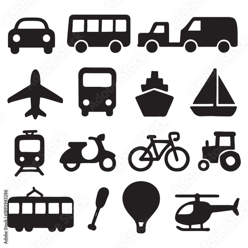 Transport icon set, vehicle icons containing car, bike, plane, train, bicycle, motorbike, bus vector silhouette 