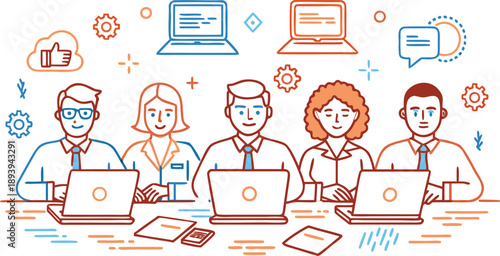 Business team working together in an office with laptops and technology icons isolated on transparent background, Vector