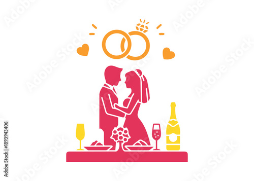 Wedding symbol. Ceremony for a dear couple. A romantic dinner with champagne. Overlapping rings. Concept of love. Filled flat sign. Vector design.