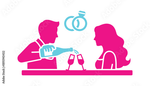 Wedding symbol. Ceremony for a dear couple. A romantic dinner with champagne. Overlapping rings. Concept of love. Filled flat sign. Vector design.