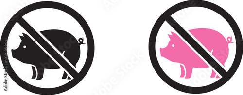 No Pork Symbol Icon Set, Prohibited Pig Sign Black and Pink Silhouette, Forbidden Food Warning, Halal Dietary Restriction Vector EPS Isolated Graphic
