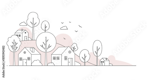 Minimalist line art illustration of a peaceful village scene with simple houses, trees, hills, and birds flying in a clear sky.