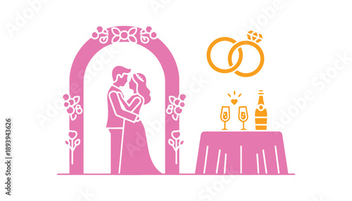 Wedding glyph symbol. Ceremony for a loving couple. A romantic dinner with some champagne. Crossed wedding bands. Love theme. Filled flat icon. Isolated vector illustration.