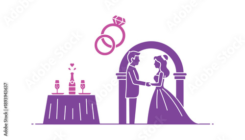 Wedding icon symbol. Ceremony for a cherished couple. A romantic dinner featuring champagne. Intertwined rings. Concept of love. Solid flat design. Isolated silhouette illustration.