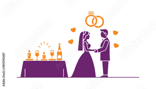 Wedding glyph icon. Ceremony for a beloved pair. Romantic dinner with bubbly. Intersecting rings. Love idea. Solid flat sign. Isolated silhouette vector art.