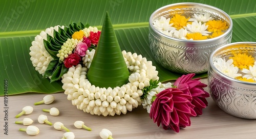 A traditional flower garland with jasmine blossoms and a banana leaf cone. Thai spirituality and culture for Songkran celebration and event.