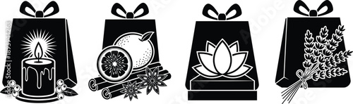 Aromatic Wellness Gift Bags Silhouette Set Featuring Scented Candles Citrus Fruits Cinnamon Sticks Lotus Flower Soap And Lavender For Spa Branding