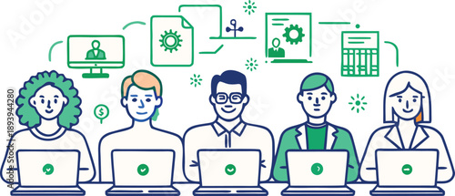 Diverse team collaborating on data and digital workflow on laptops isolated on transparent background, Vector