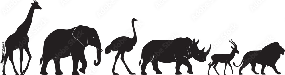 Fototapeta premium Black silhouettes of giraffe elephant ostrich rhinoceros antelope and lion walking in a line 1